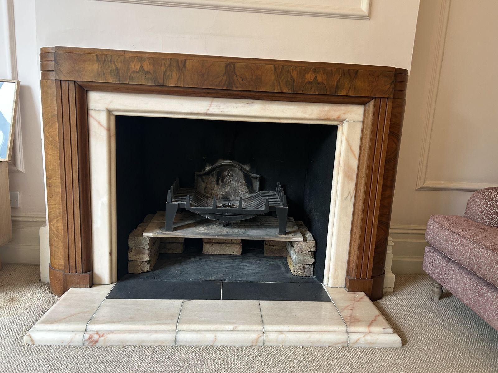 Art Deco Walnut Fire Surround With Pink Marble Hearth And Inset photo vinterior