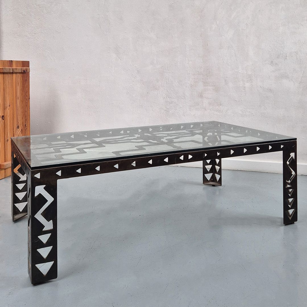 1980's Brutalist Metal + Glass Coffee Table: Postmodern Mid Century Style photo furniture