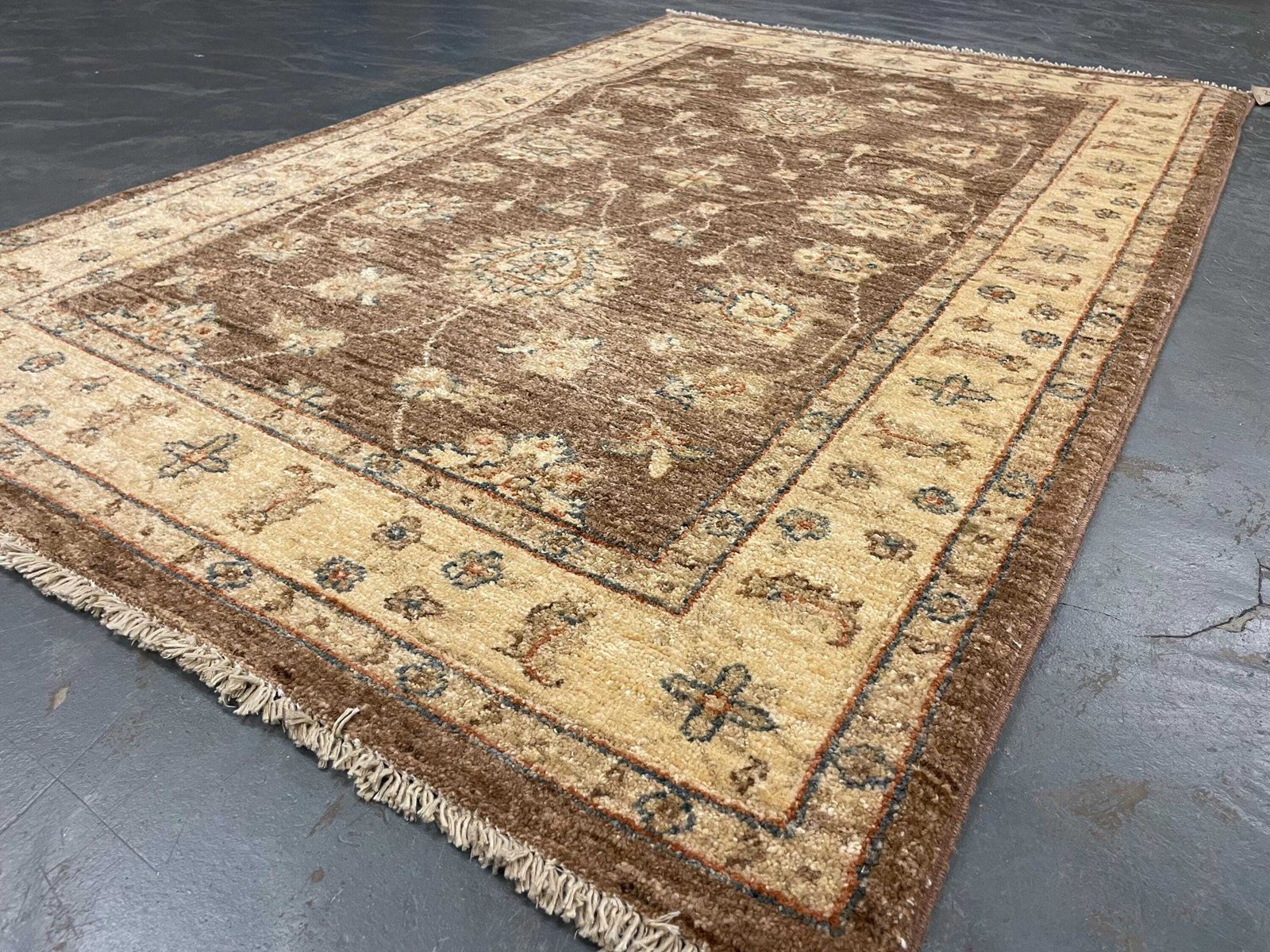 Brown Gold Wool Rug, Handmade Floral Ziegler Carpet, Bedroom Decor 148x96cm photo vinterior