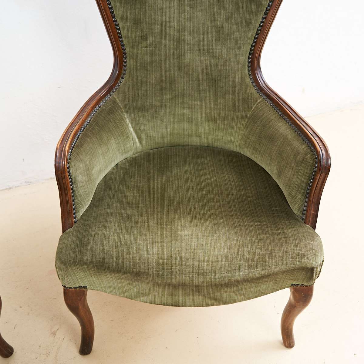 Pair Of Antique Walnut Armchairs With Green Velvet Seat photo furniture
