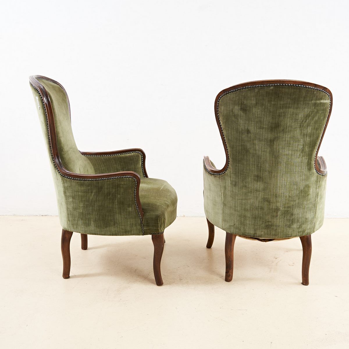 Pair Of Antique Walnut Armchairs With Green Velvet Seat photo 1911.0