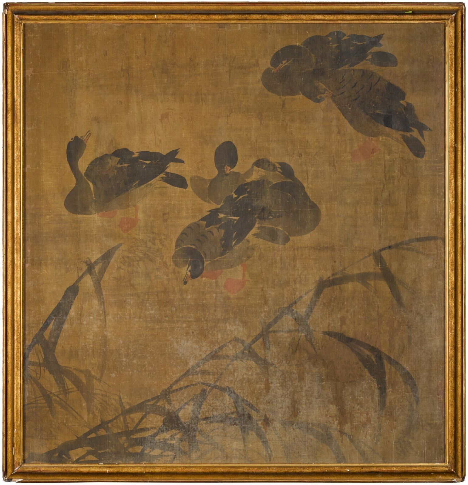 Large Chinese Literati Painting “Geese And Reeds”, After Bian Shoumin (Qing Style), Ink & Colour On Paper, Framed