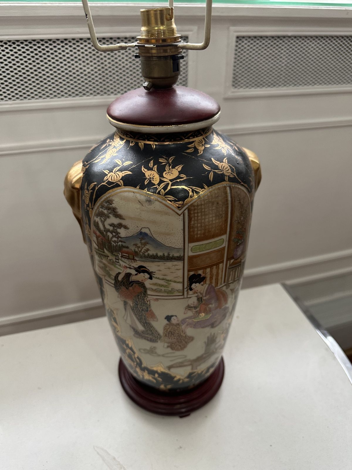 Oriental Ceramic Lamp  Wood Base Chinese Decorative Lighting Home Accent Bedside Table Lamp photo for sale