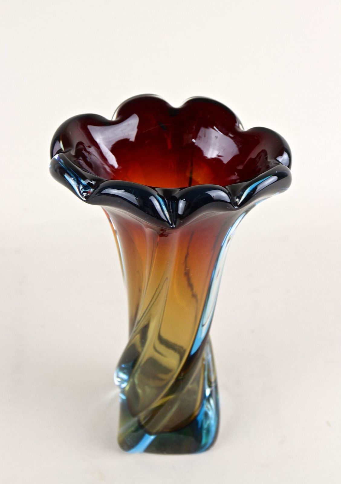 photo for sale 20th Century Murano Glass Vase   Amber/ Dark Red/ Blue, Mid Century, It Ca. 1960