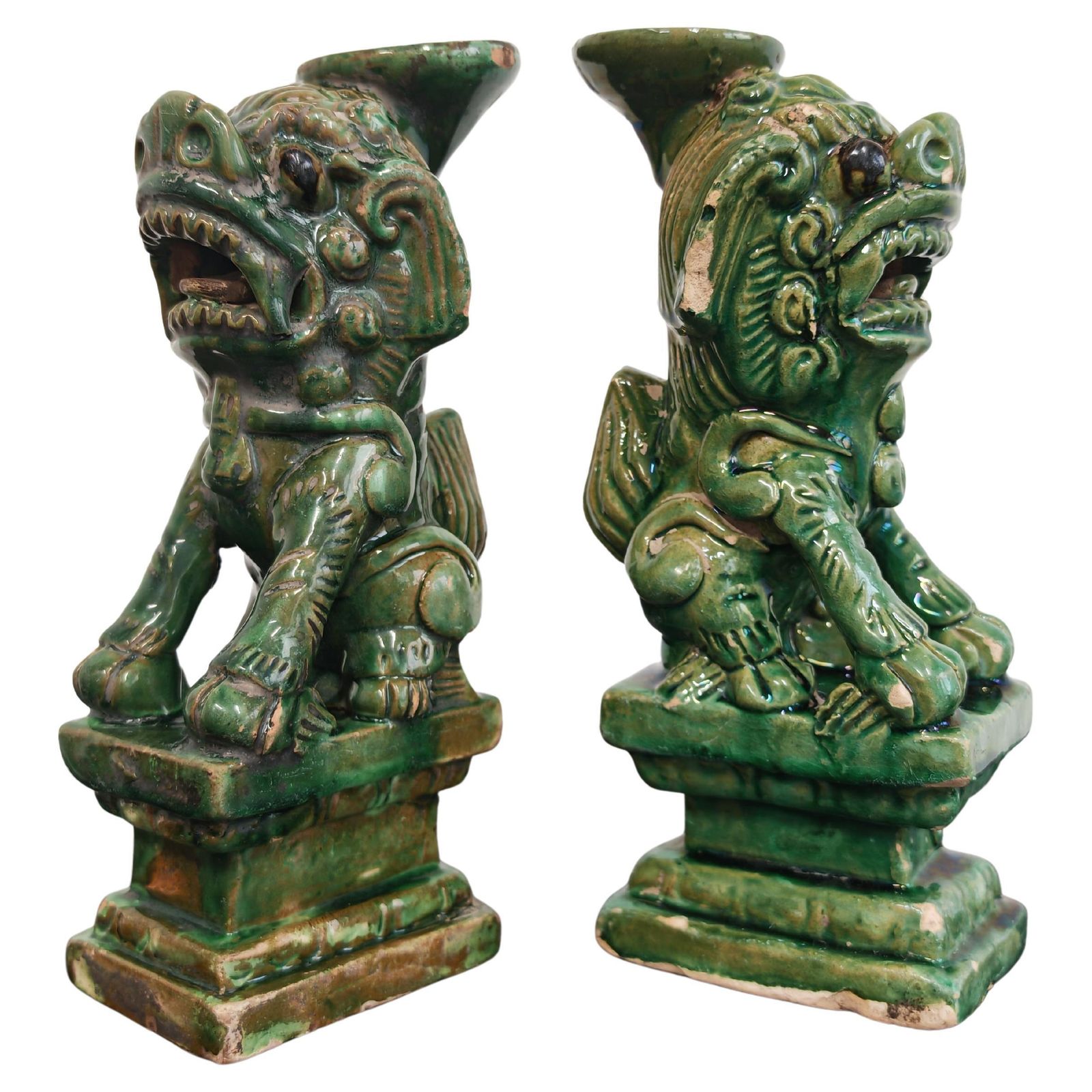 Pair Of Antique Foo Dogs Candle Holders In Ceramic, China 19th Century