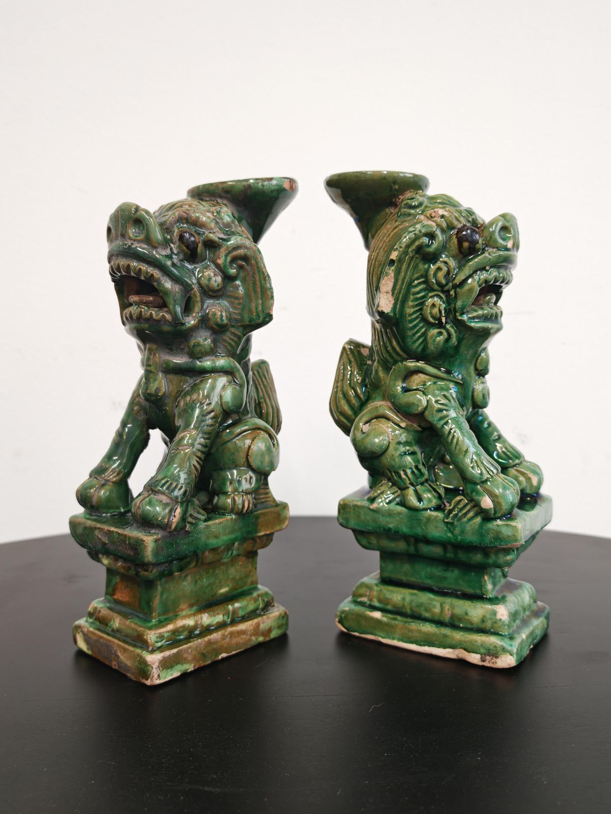 Pair Of Antique Foo Dogs Candle Holders In Ceramic, China 19th Century photo 2500.0