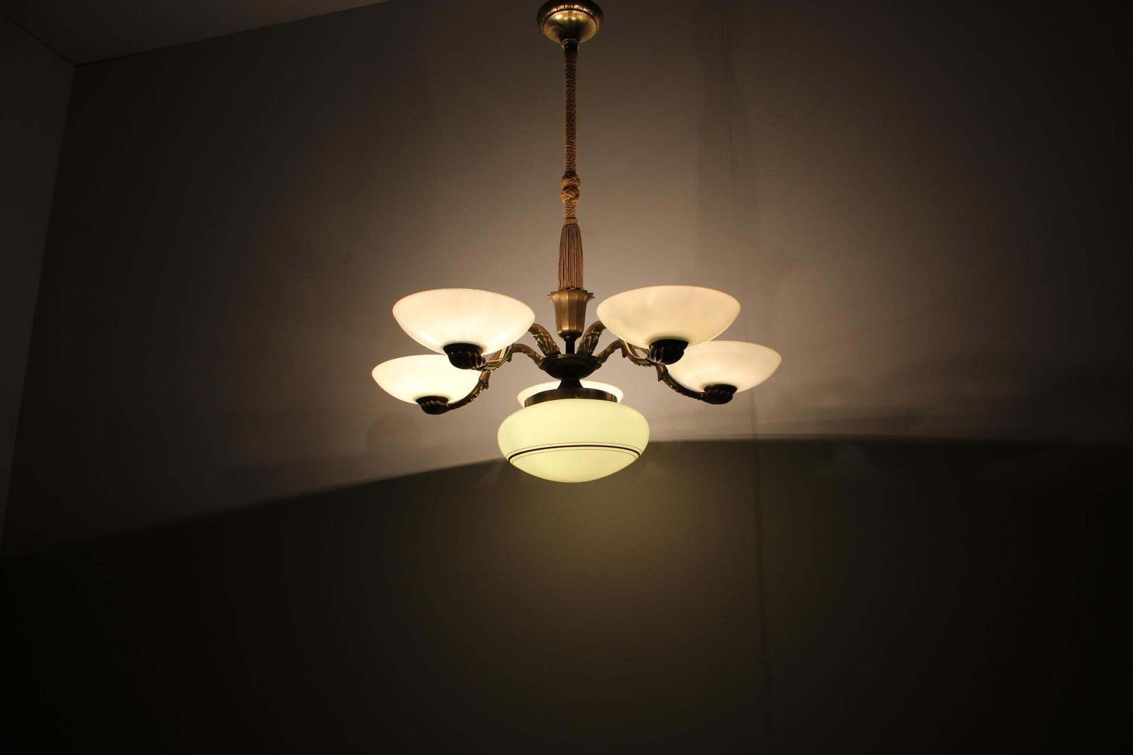 1003.0 Art Nouveau Brass And Glass Chandelier, 1910s photo