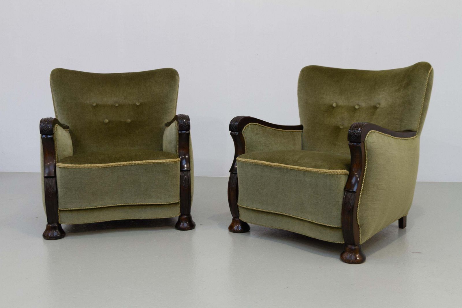 Furniture Danish Art Deco Green Velvet Lounge Chairs, 1930s. Set Of 2. photo