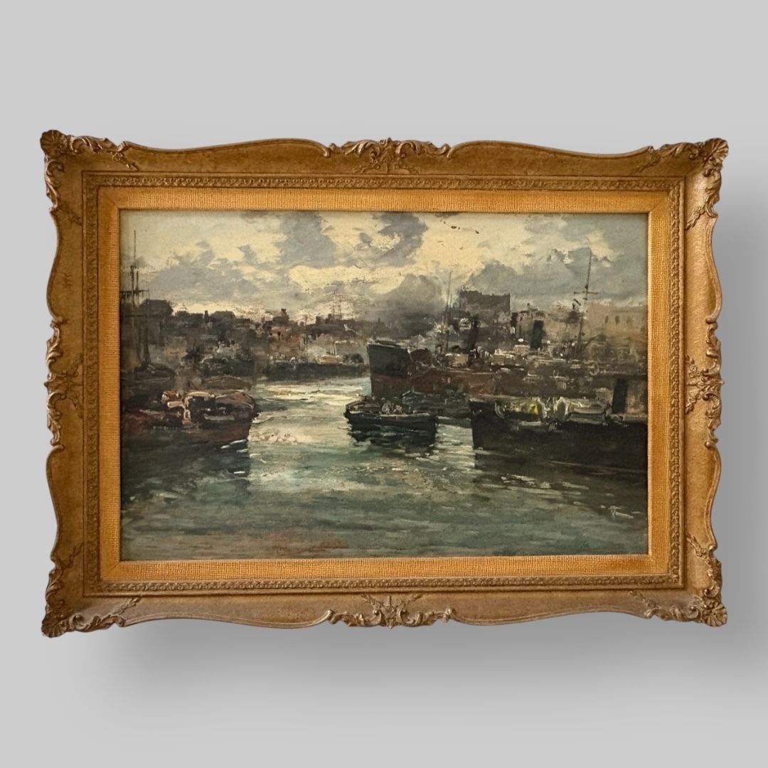 Ships In Harbour, C20th, Oil Painting