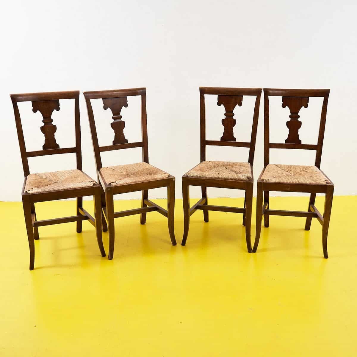 Elegant Wooden Chairs With Straw Seat, 4 Pieces