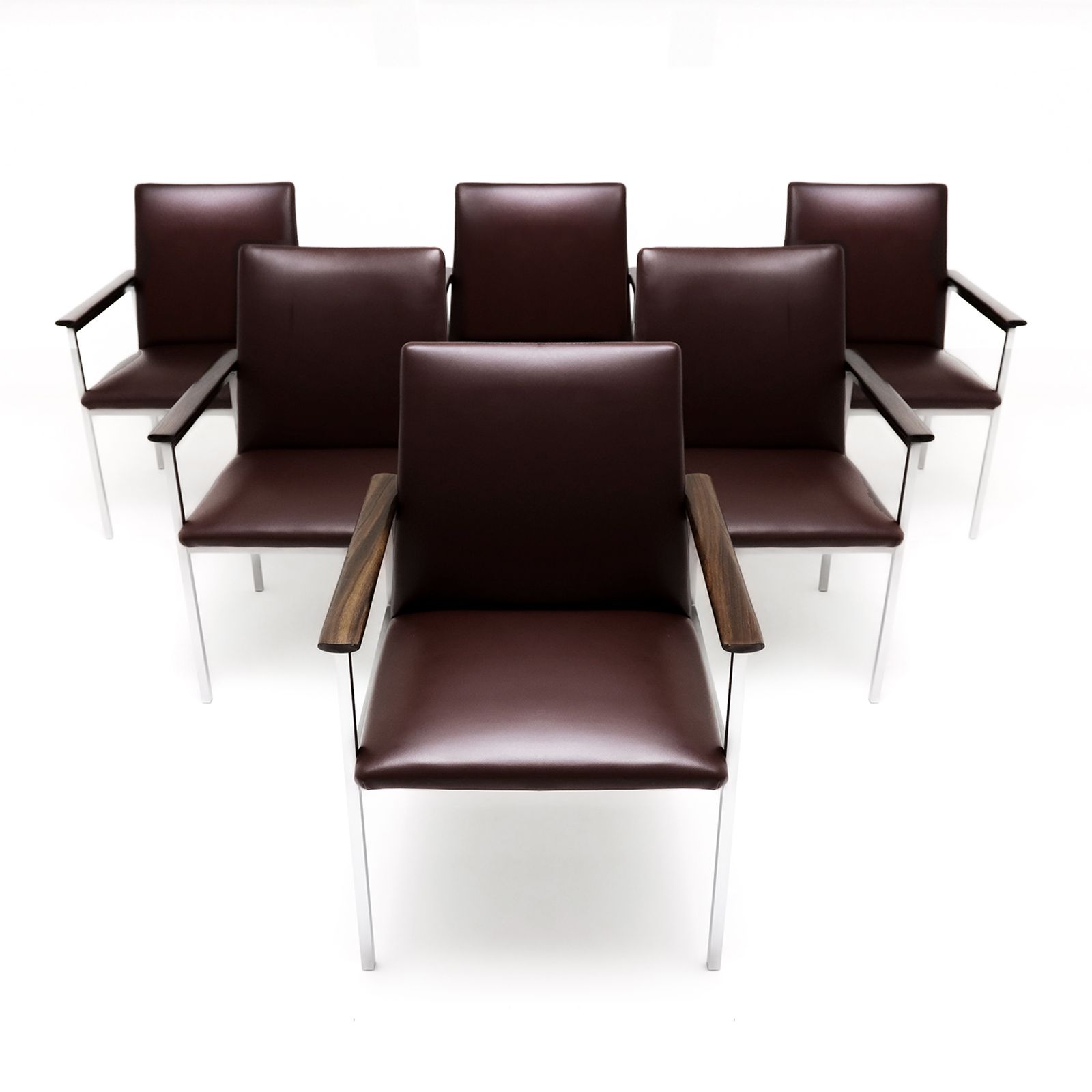 Set Of 6 Sigvard Bernadotte Vintage Danish Armchairs In Brushed Steel, Walnut And Leather photo furniture