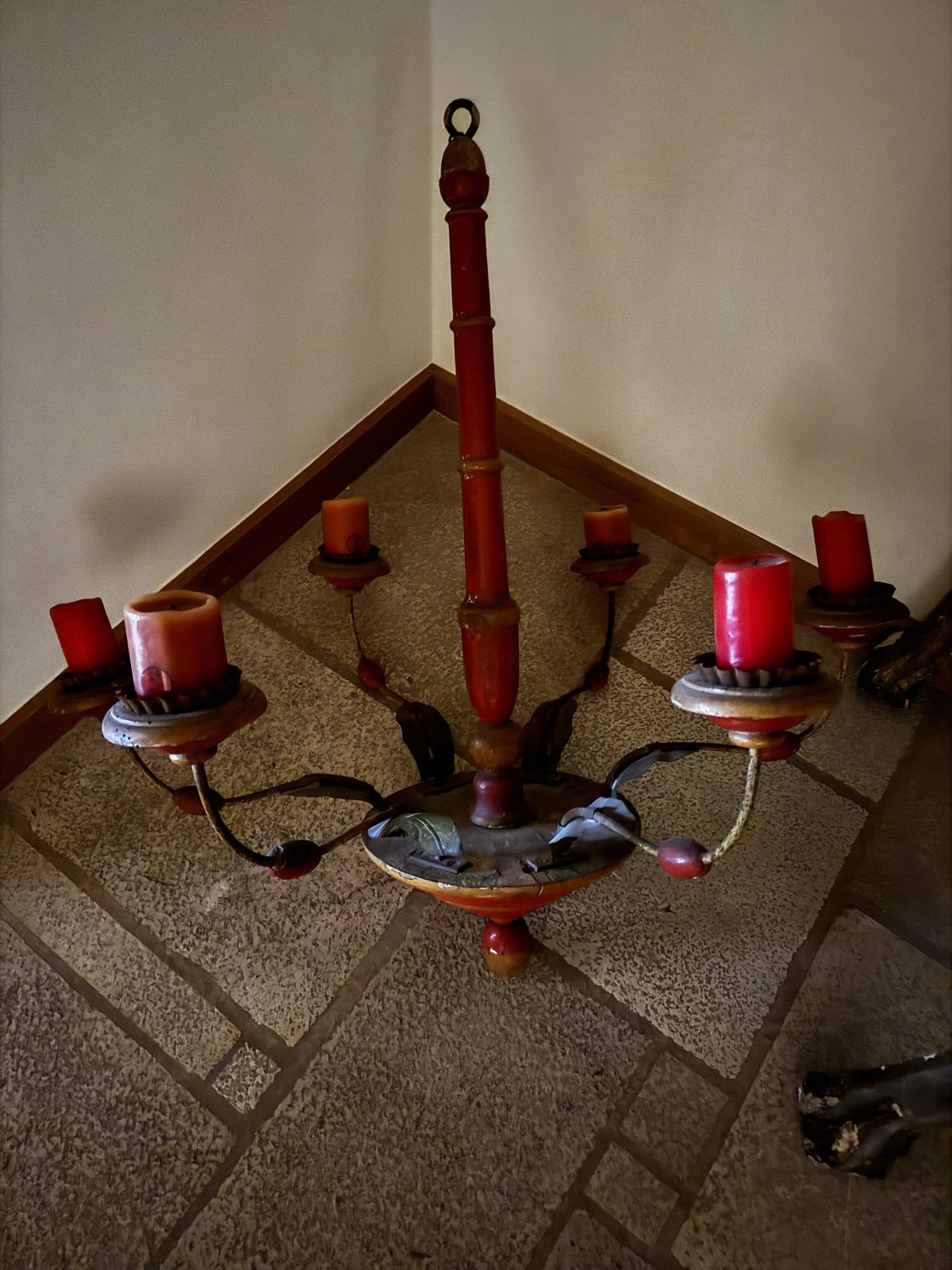 Painted And Gilded Wood Ceiling Candle Chandelier, Florentine Design photo for sale