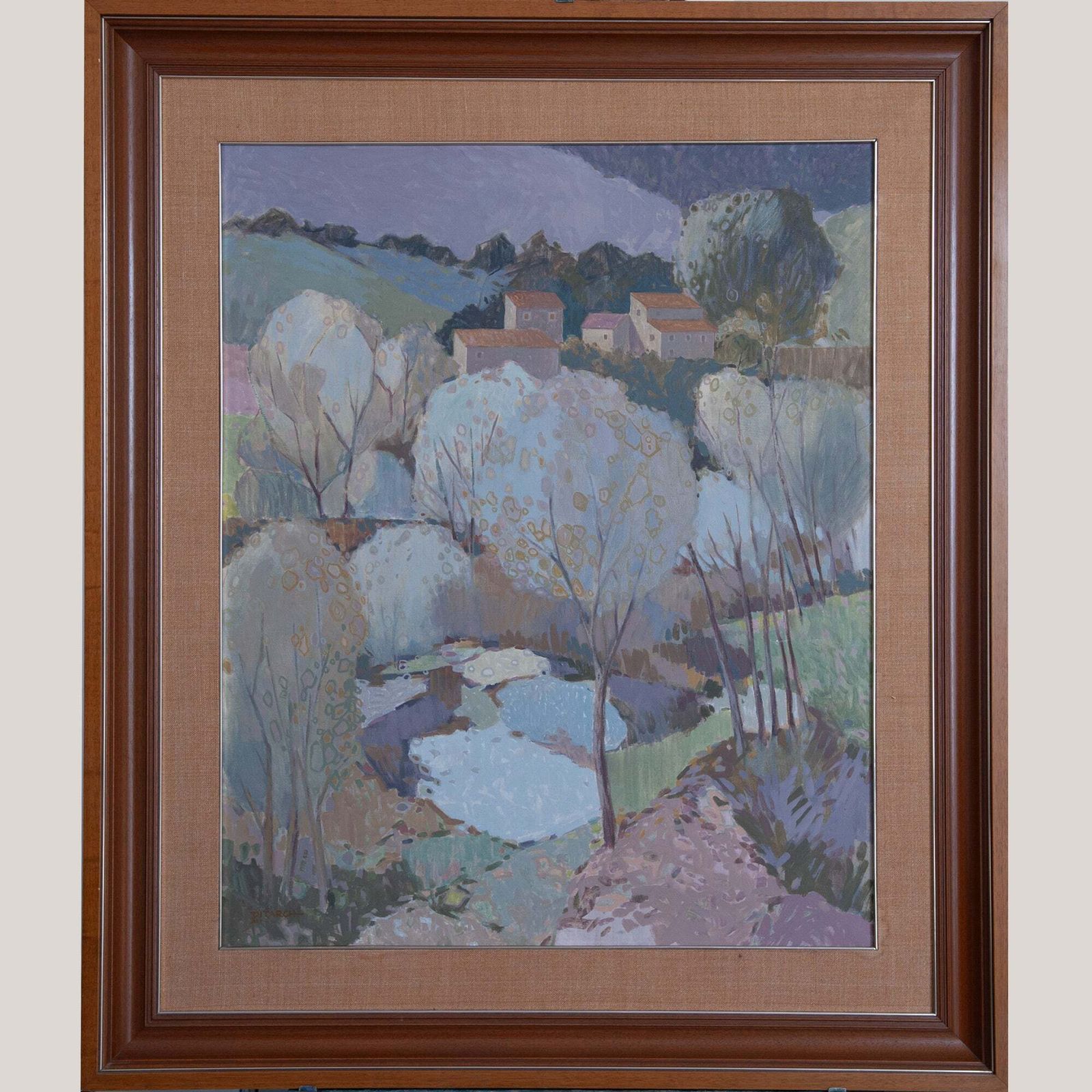 Large Pastel Modernist Village Landscape – Garcia Pitarch   Oil On Canvas photo for sale