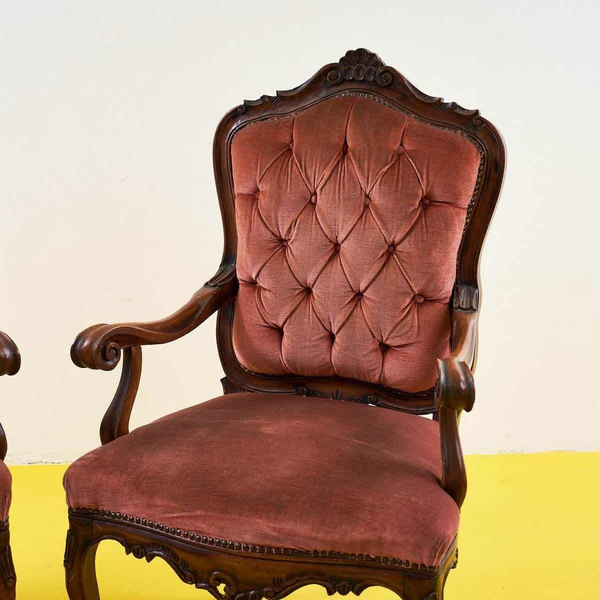 Pair Of Vintage Wooden And Velvet Armchairs photo furniture