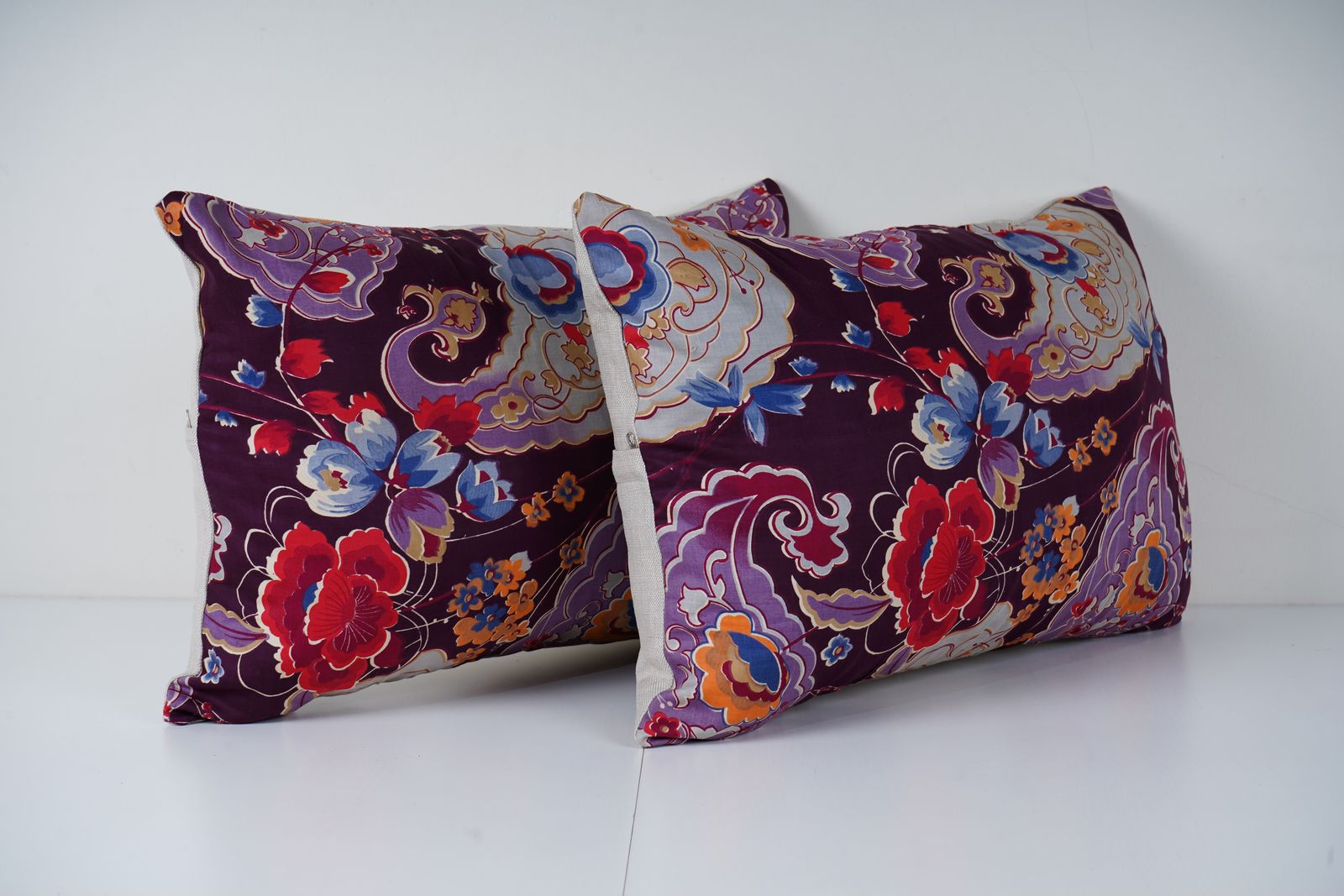 Blue And Red Floral Uzbek Roller Printed Lumbar Pillow Set, Handmade Boho Decorative Cushions photo for sale