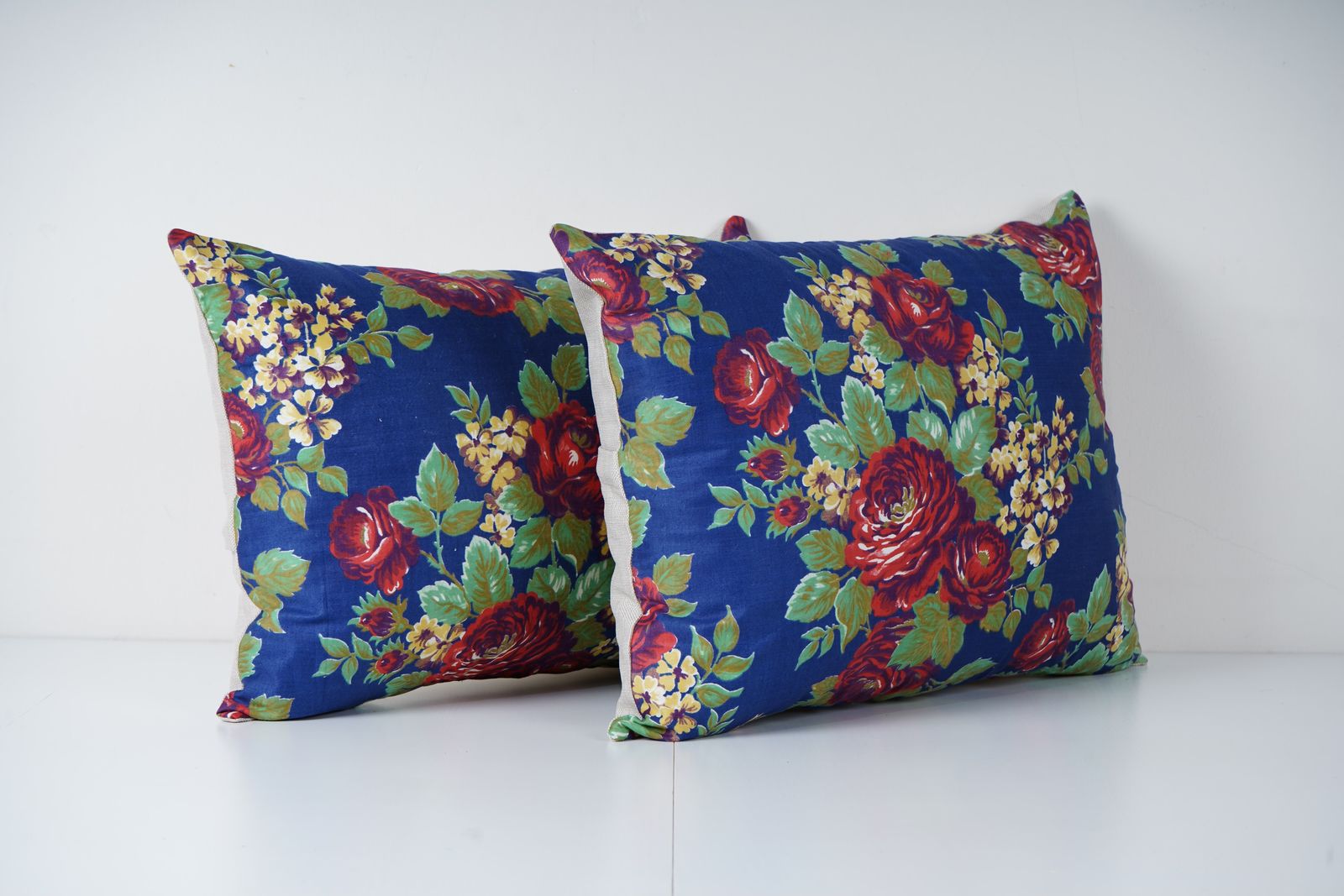 Uzbek Roller Printed Pillow Set In Blue And Red, Set Of Two Floral Cushion Covers, Boho Textile Art photo Textiles