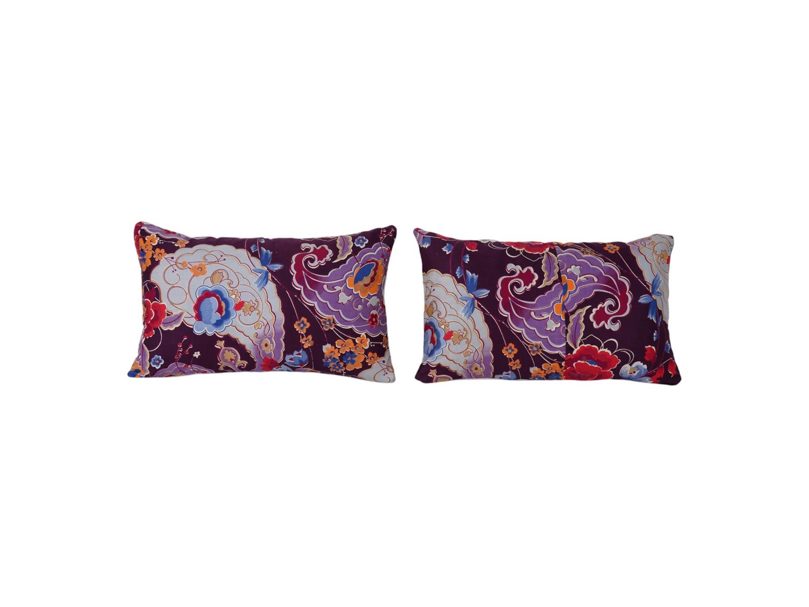 Purple Uzbek Roller Printed Lumbar Pillow Cover, Set Of Two Red Blue Orange Floral Handmade Boho Cushions