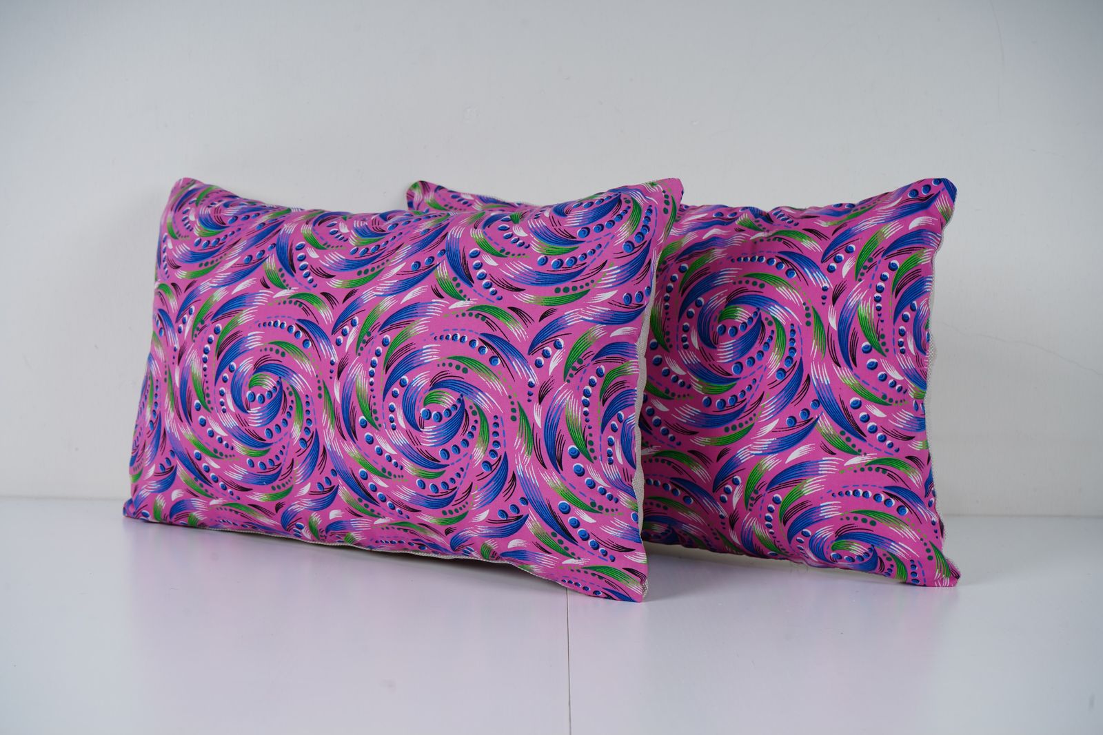 Colorful Pink Uzbek Roller Printed Lumbar Pillow Set, Blue And Purple Swirl Handmade Cushion Covers Decor photo furniture