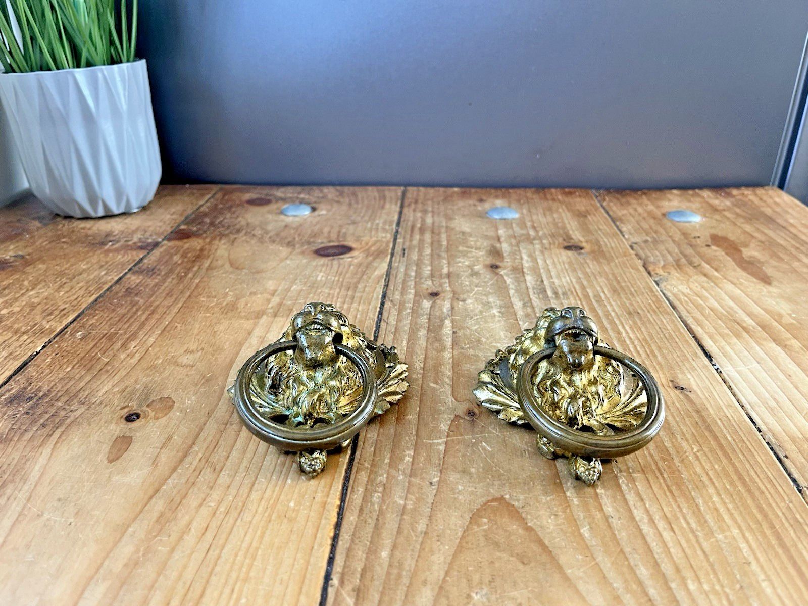 1 Quality French Antique Lions Head Mask Gilt Brass Door Knocker Or Handle Pull photo vinterior