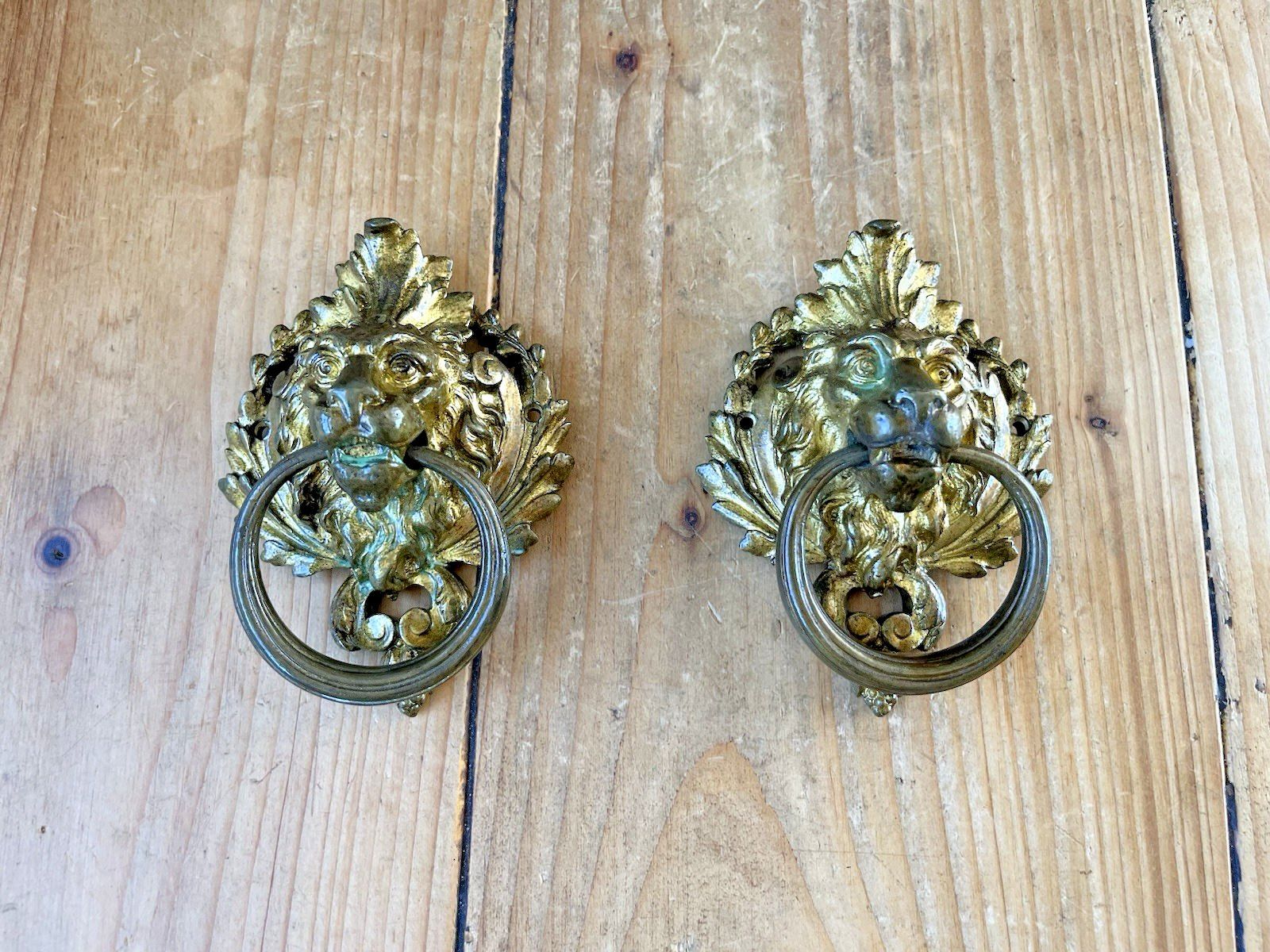 1 Quality French Antique Lions Head Mask Gilt Brass Door Knocker Or Handle Pull photo buy