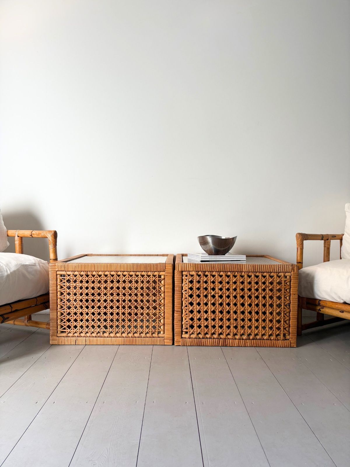 Rattan And Glass Cube Coffee Table Mid Century C.1960 photo vinterior