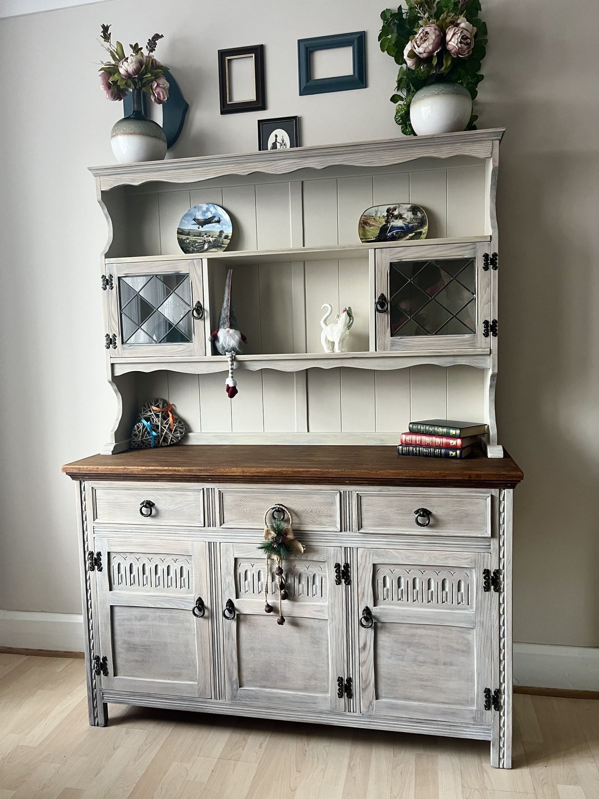 Vintage Jaycee Oak Dresser, Whitewashed Farmhouse Hutch Hand Painted Display photo 1350.0