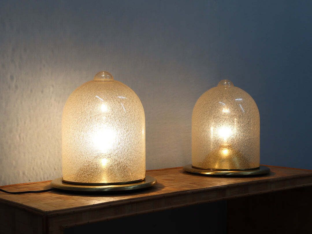Pair Of La Murrina 1970s Dome Lamps Pulegoso Glass & Gilded Brass