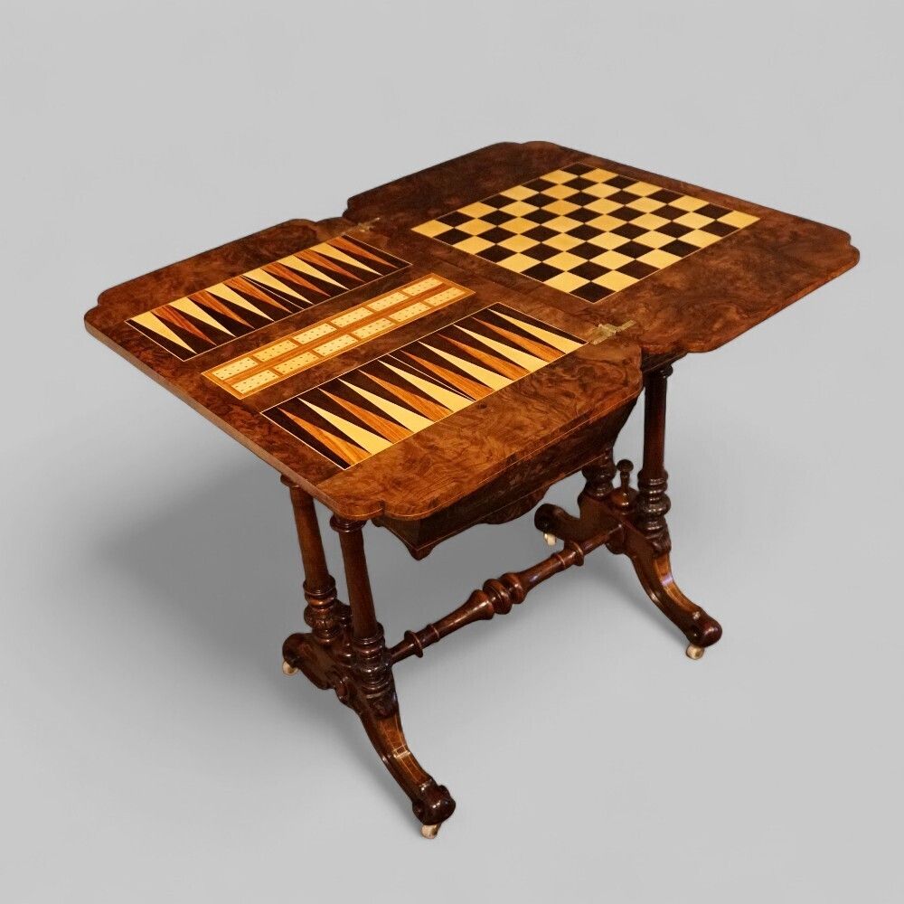 Victorian Inlaid Burr Walnut Combined Games And Worktable