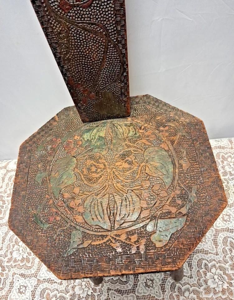 Antique Traditional Welsh Oak Spinning Chair With Intricate Leaf Carving photo Furniture