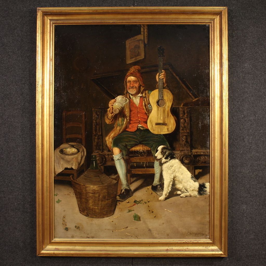 Antique Italian Genre Scene Painting From The 19th Century