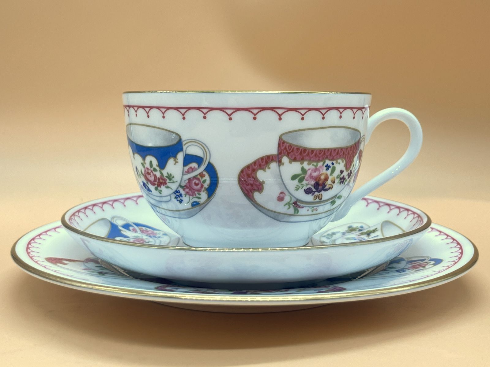 Royal Worcester China Cup Of Cups Design Pink Large Breakfast Tea Cup, Saucer & Plate Trio. photo furniture