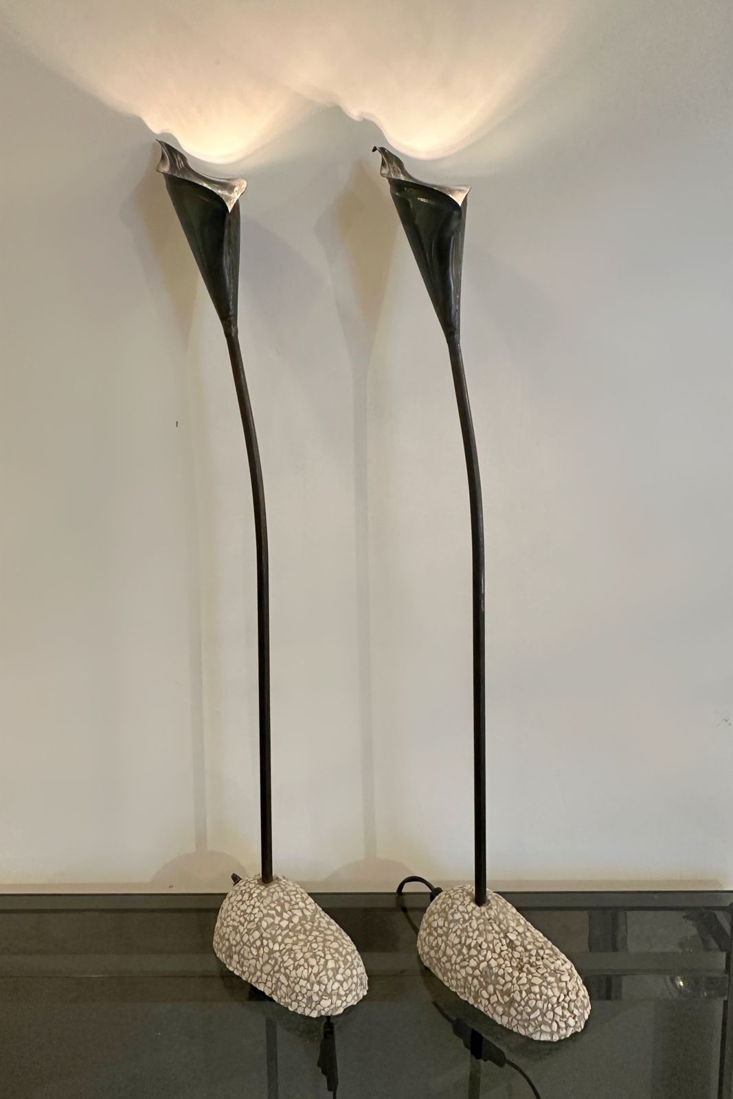 Pair Of Spanish Bronze Lilly Shaped Lamps With Stone Bases, 1980 photo vinterior