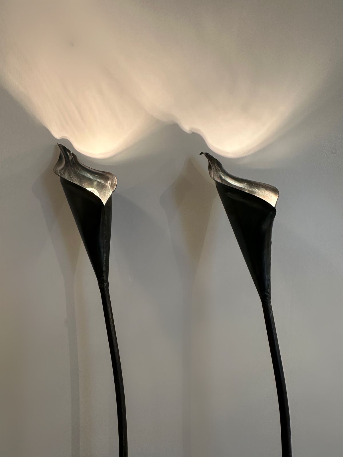Pair Of Spanish Bronze Lilly Shaped Lamps With Stone Bases, 1980 photo buy