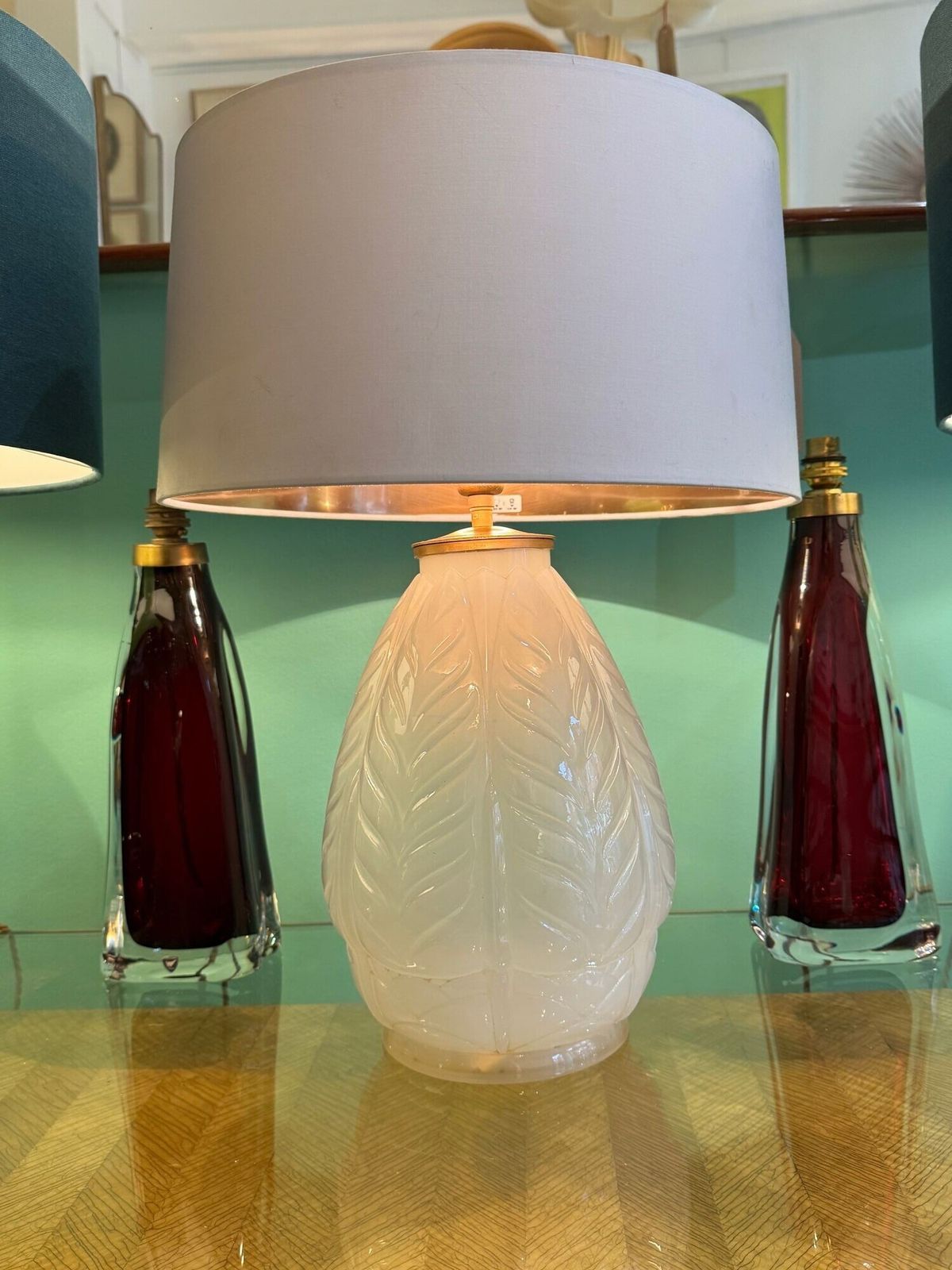 A French 1930s Cristallerie Lorraine Alsace Pressed Glass Opaline Lamp With Leaf Desgin photo furniture