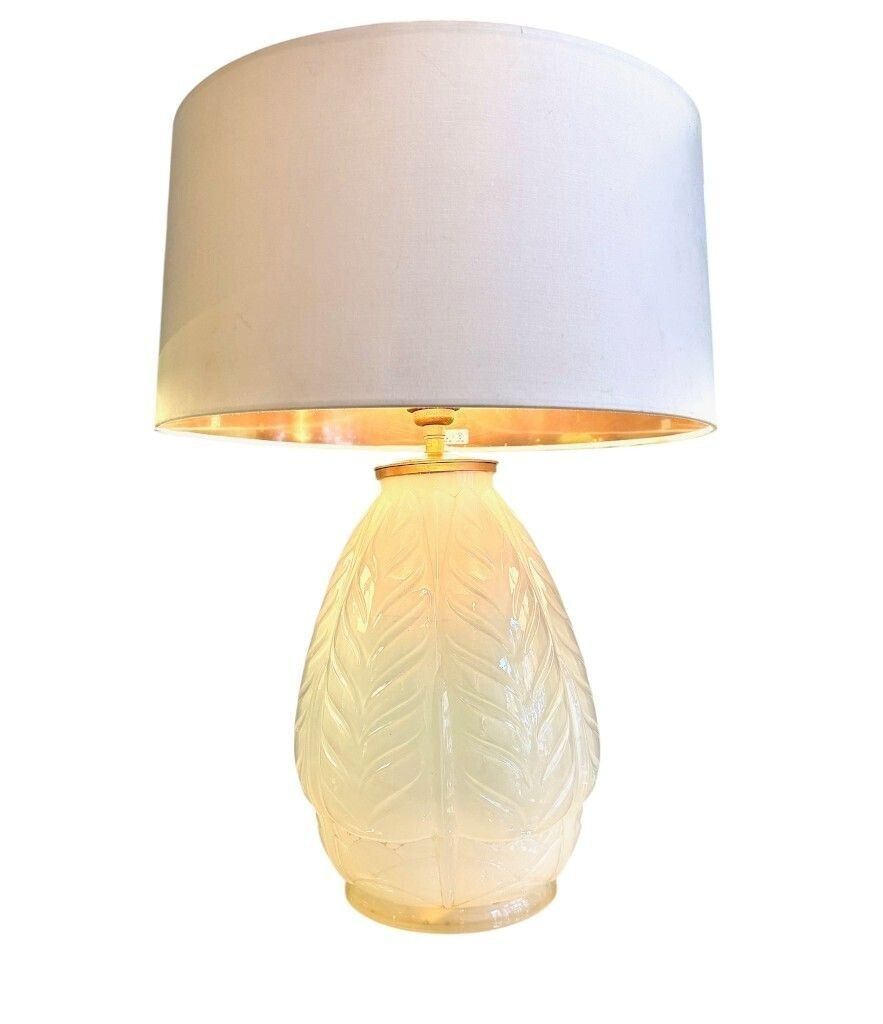 A French 1930s Cristallerie Lorraine Alsace Pressed Glass Opaline Lamp With Leaf Desgin photo for sale
