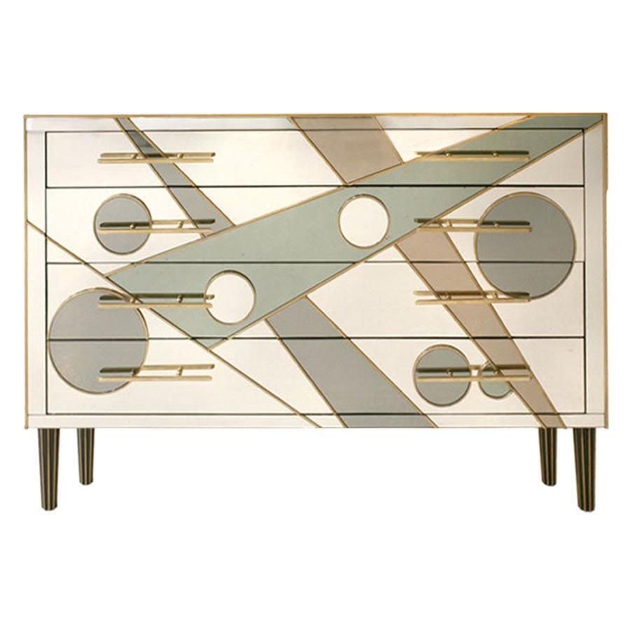 Midcentury Style Solid Wood Murano Glass And Brass Italian Commode