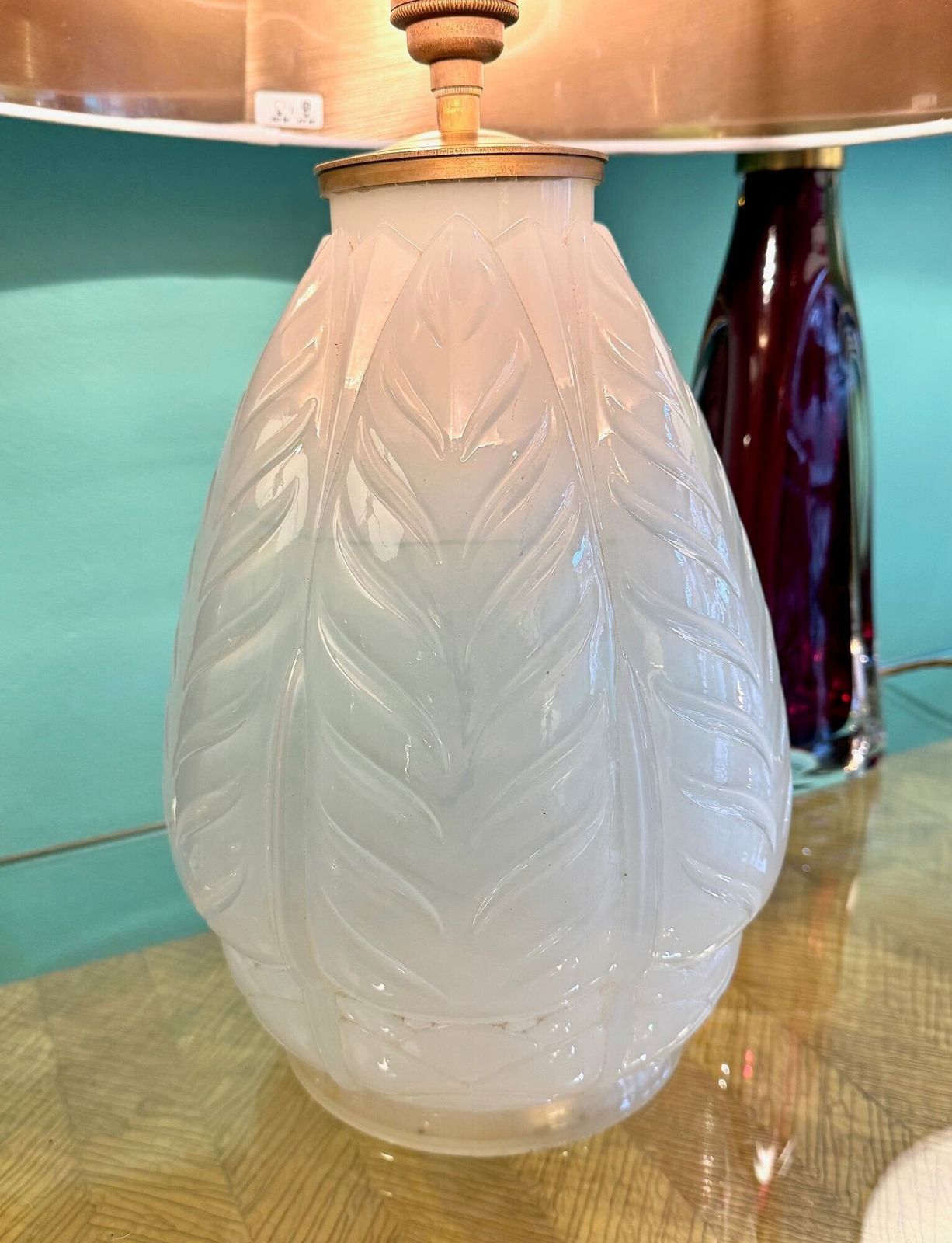 photo vinterior A French 1930s Cristallerie Lorraine Alsace Pressed Glass Opaline Lamp With Leaf Desgin