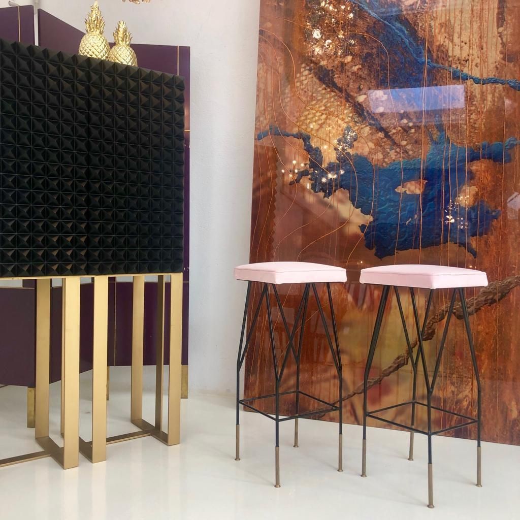 Pink Cotton Velvet And Black Lacquered Metal Italian Stools photo buy