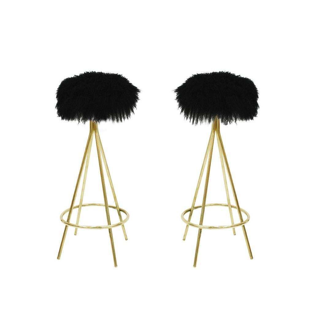Mid Century Modern Style Brass And Goat Fur Italian Stools photo furniture