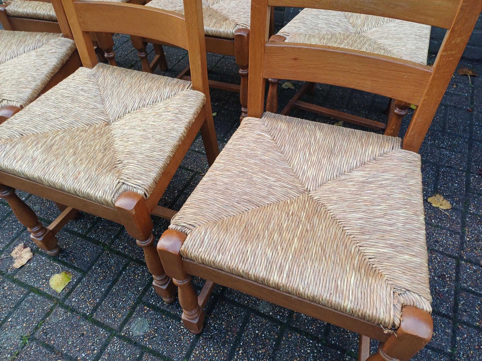 Set Of Six Vintage Country Kitchen Ladder Back Chairs With Rush Seats, Solid Oak Kitchen Or Dining Very Solid Free Hand Delivery photo vinterior