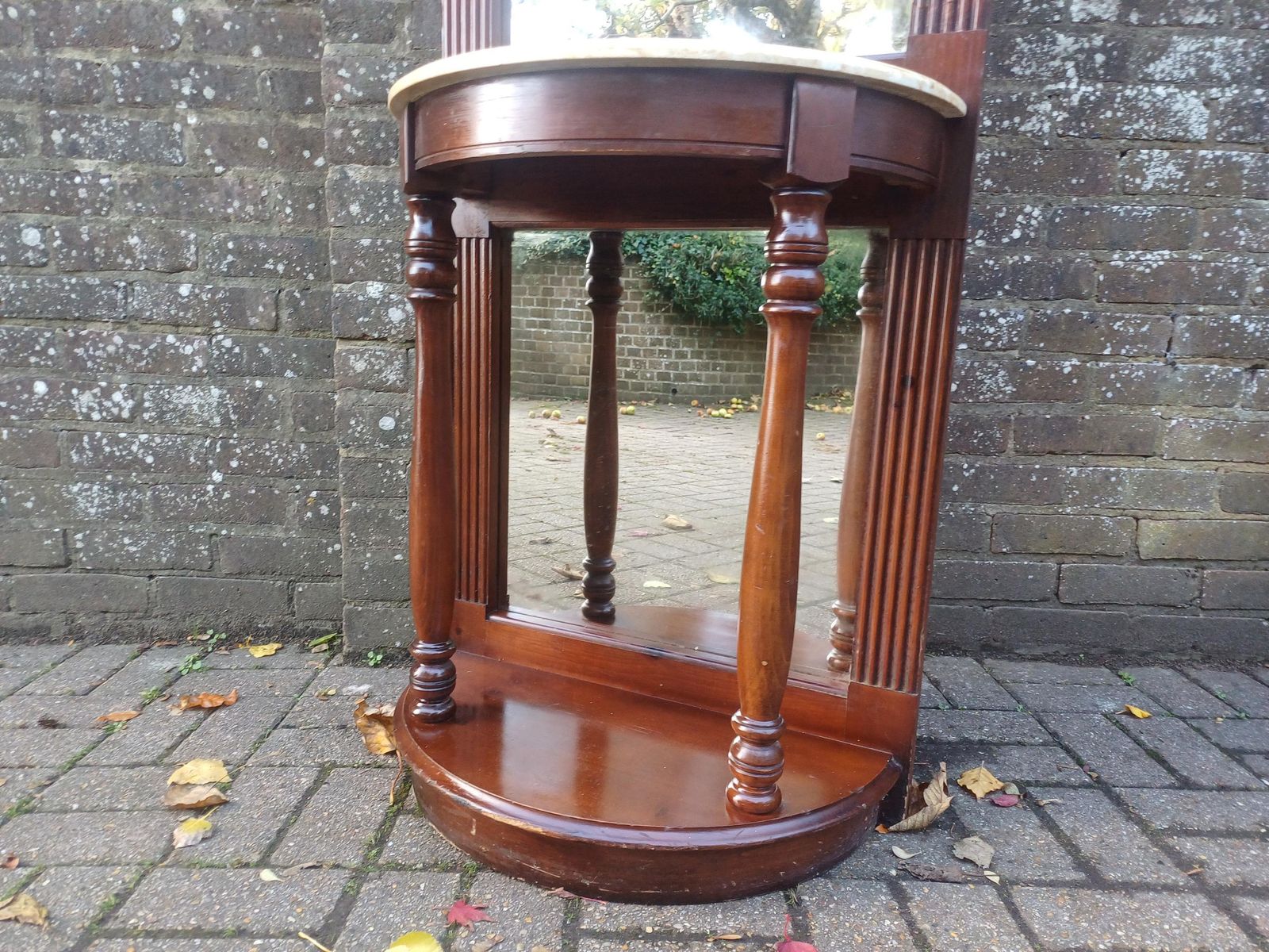 photo furniture 1980s American Wooden Hall Stand With Full Length Mirror, Brass Hooks & Marble Demi Lune Console Table Free Hand Delivery