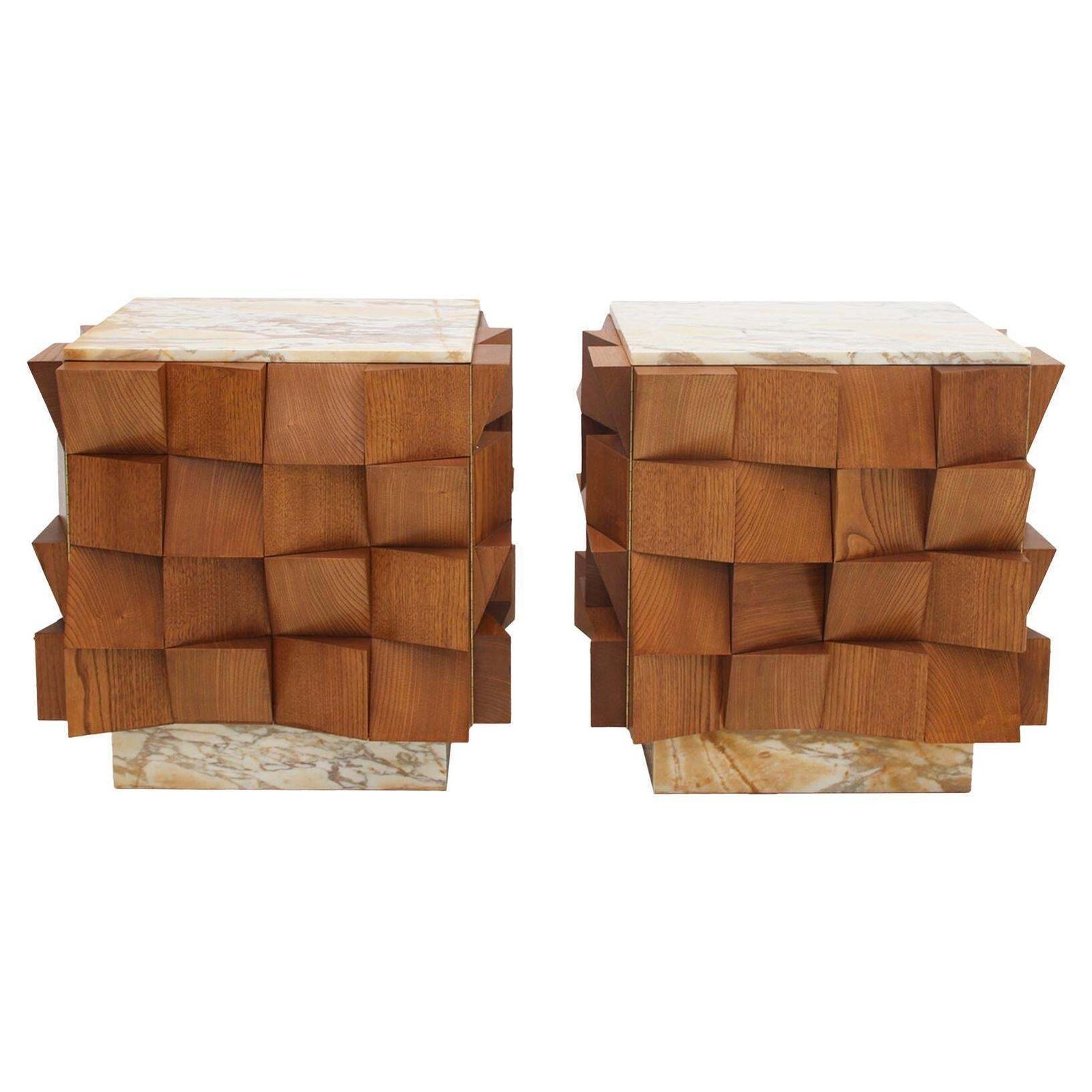 L.A. Studio Pair Of Birch Wood And Siena Marble Stone Italian Side/Night Tables