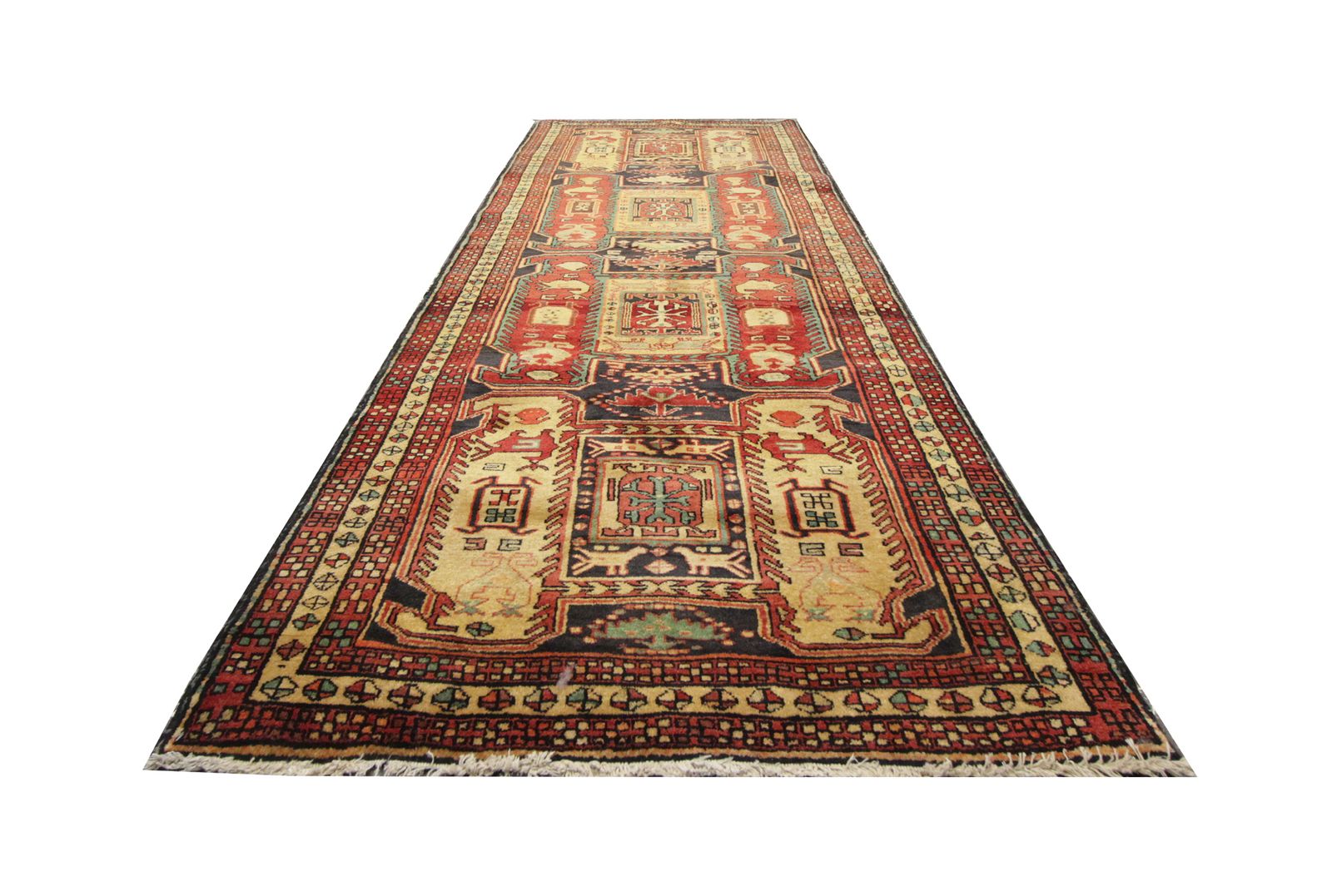 Red & Mustard Vintage Lankaran Geometric Wool Runner Rug 304 X 115 Cm photo for sale