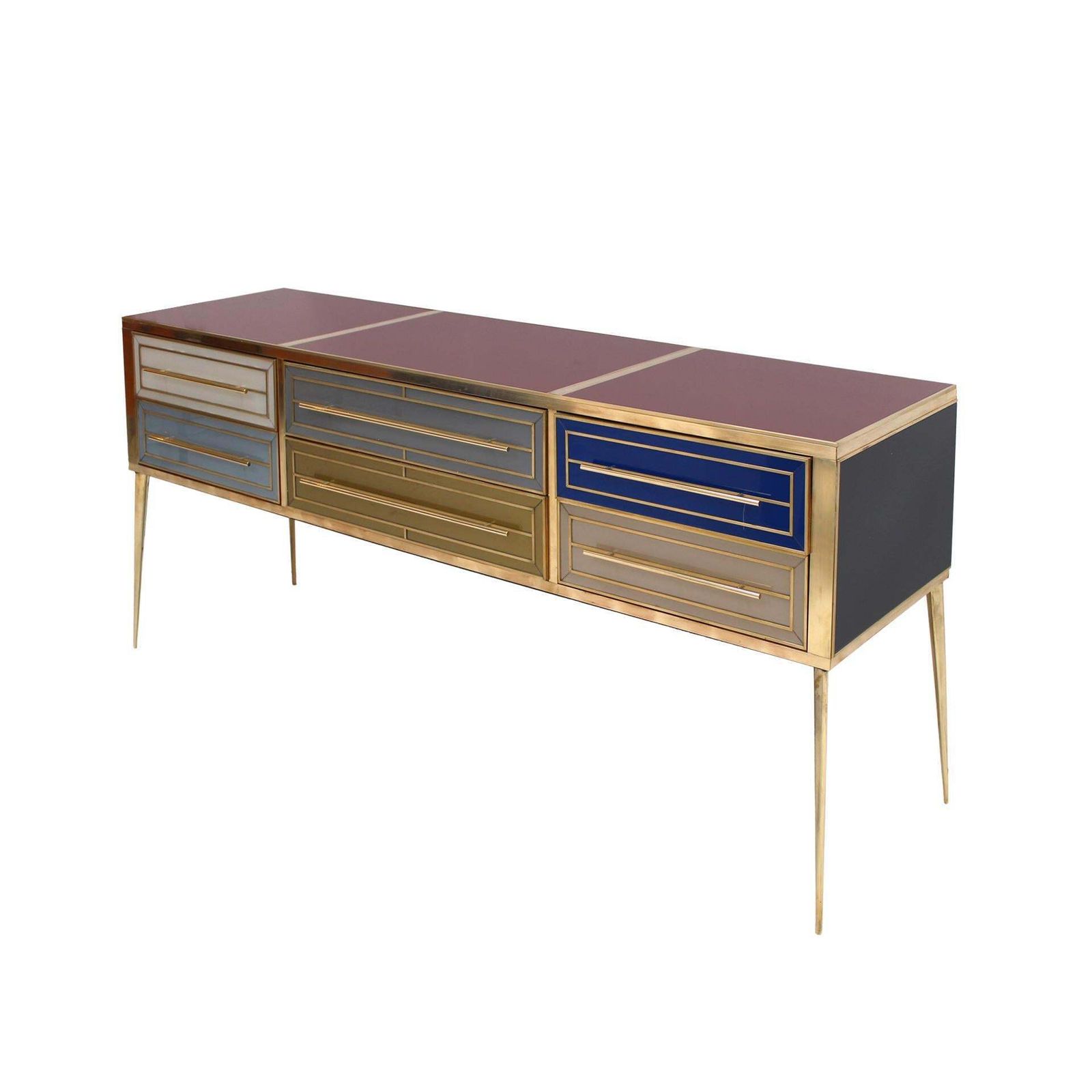 Midcentury Style Italian Sideboard Made Of Wood And Covered With Colored Glass photo for sale