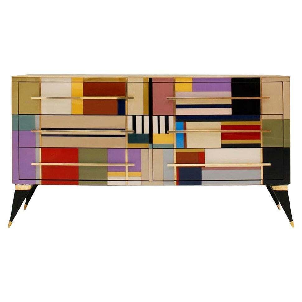 Mid Century Modern Style Murano Glass And Brass Italian Sideboard By L.A. Studio