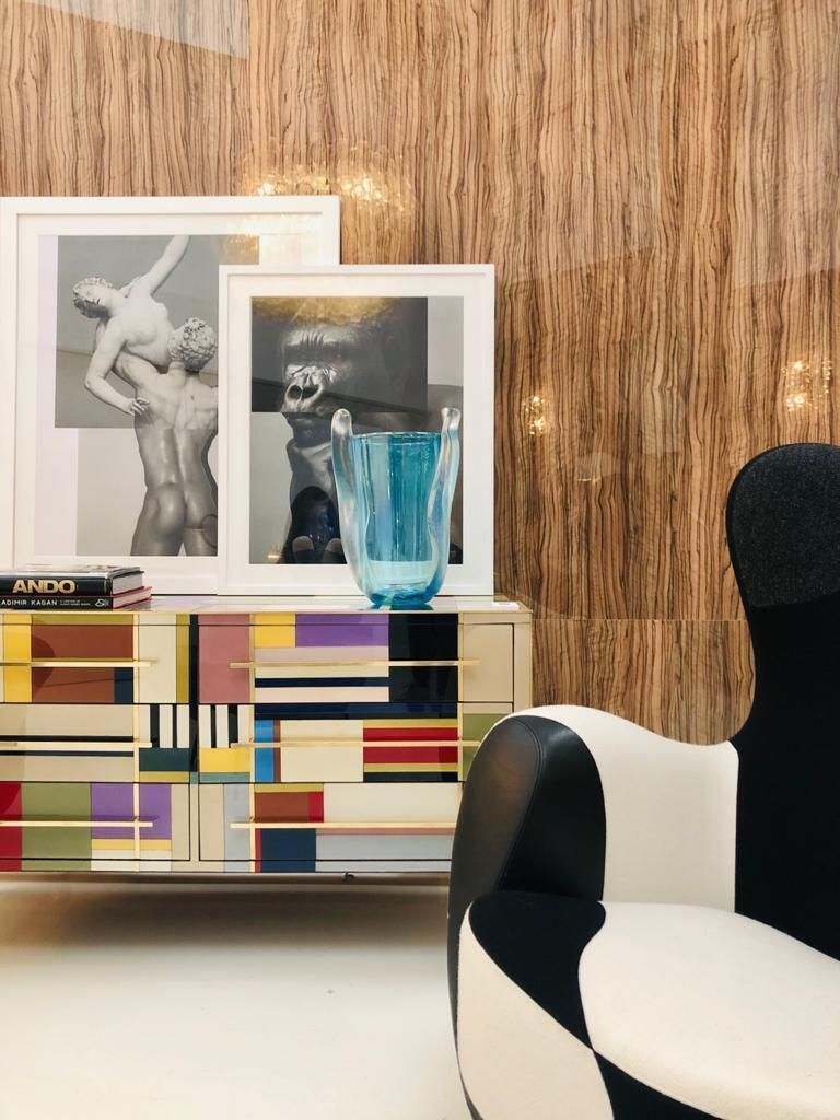 Furniture Mid Century Modern Style Murano Glass And Brass Italian Sideboard By L.A. Studio photo