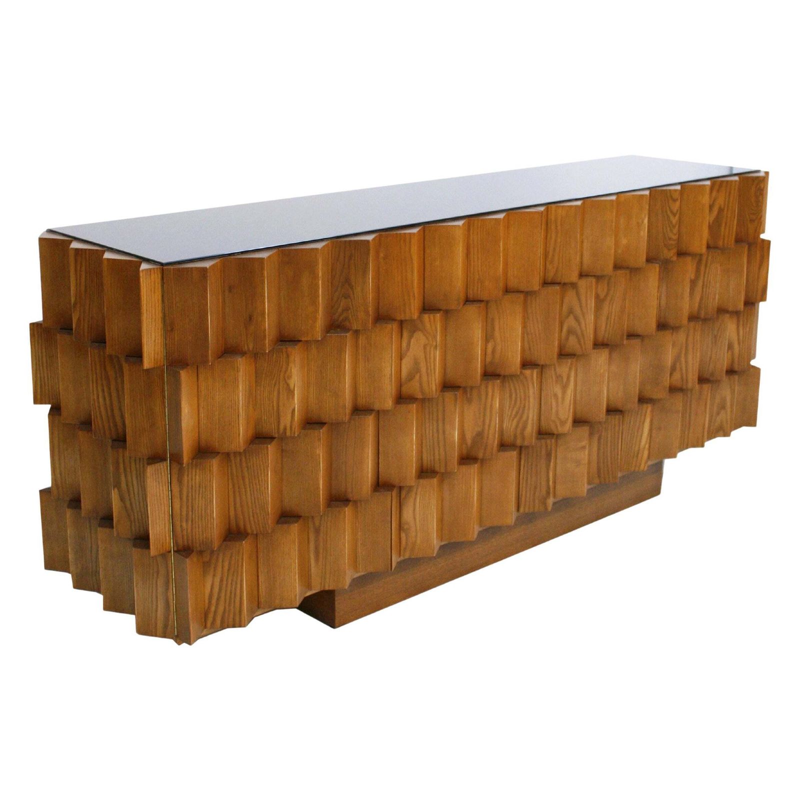 Mid Century Modern Style Oak Wood And Black Glass Italian Sideboard