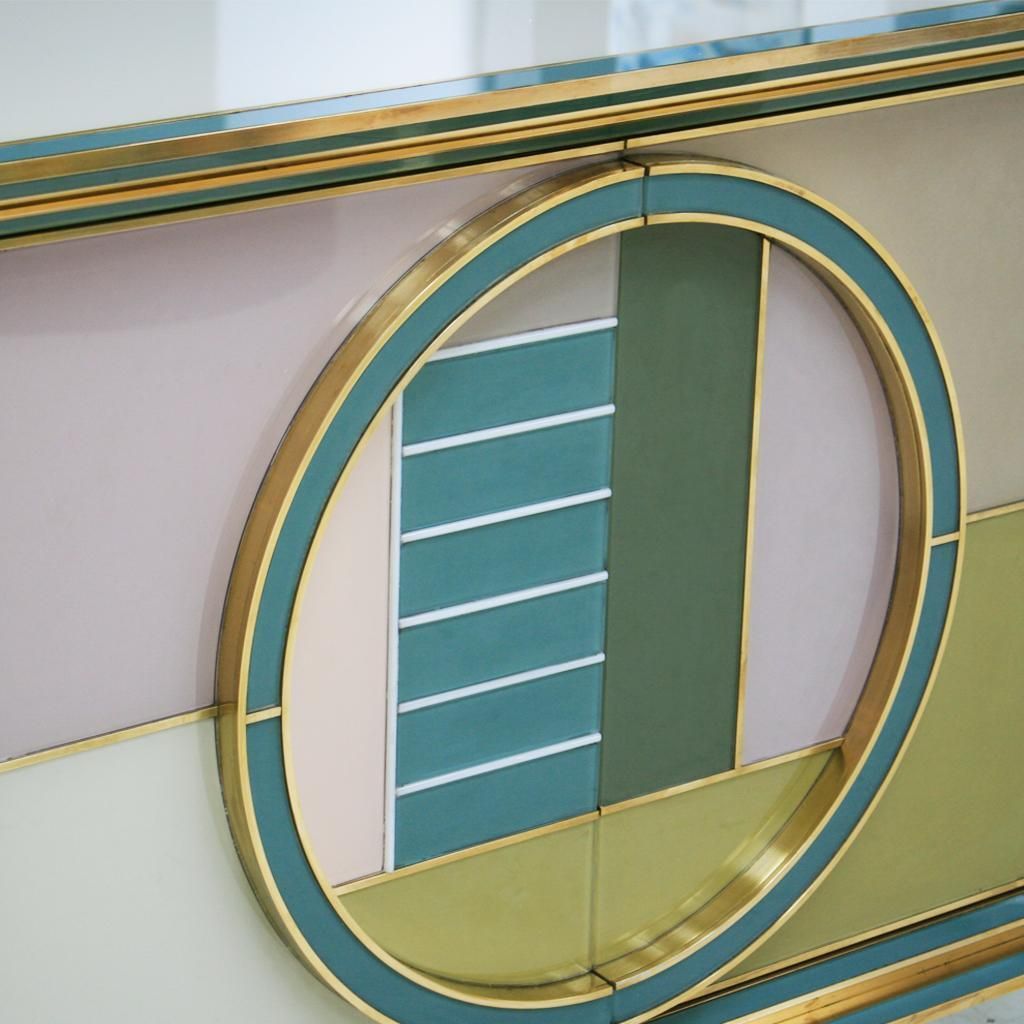 Mid Century Modern Style Italian Cabinet Wood, Brass And Colored Glass photo Furniture