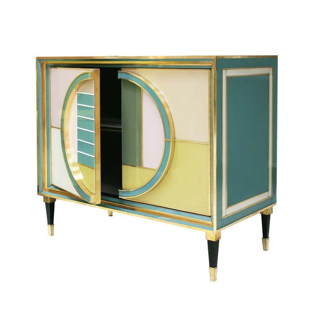 Mid Century Modern Style Italian Cabinet Wood, Brass And Colored Glass photo vinterior