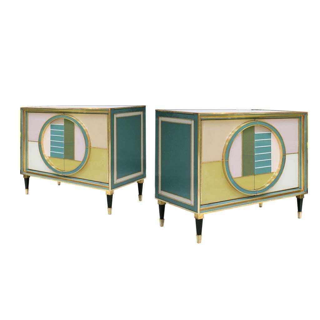 photo furniture Mid Century Modern Style Italian Cabinet Wood, Brass And Colored Glass